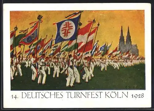 AK Köln, 14. Deutsches Turnfest 1928, Fahnenaufmarsch im Stadion Köln