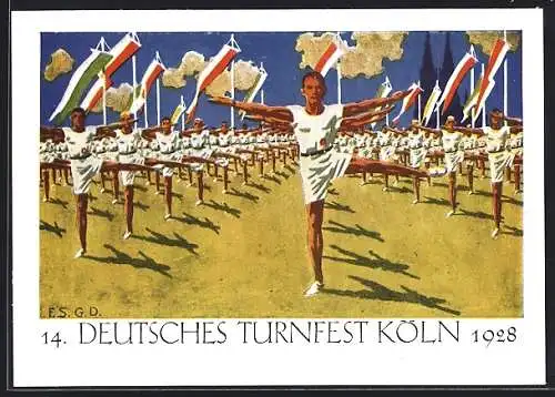 Künstler-AK Köln, Deutsches Turnfest 1928, Freiübungen im Kölner Stadion