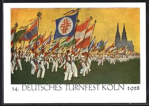 AK Köln, 14. Deutsches Turnfest 1928, Fahnenaufmarsch im Stadion Köln