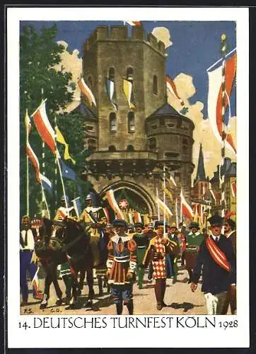 AK Köln, 14. Deutsches Turnfest 1928, Parade in der Innenstadt, Fahnenträger