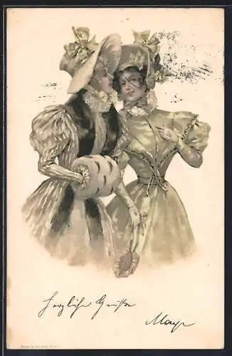 AK Zwei junge Damen in Winterkleidern mit geschnürter Taille, Muff, Pompadour und Hauben