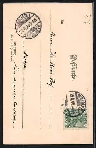 Lithographie Zwei junge Damen in grünem Kleid mit Hüten und Schirm, Jugendstil