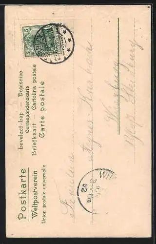 Präge-Lithographie Junges Mädchen an einem See, Gedicht, Efeu-Ornamente, Jugendstil