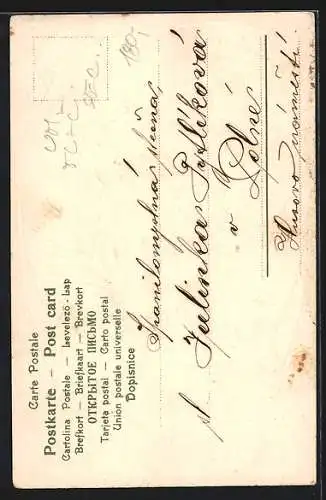 Präge-Lithographie Junges Paar beim Spaziergang, Goldene Ornamente, Jugendstil