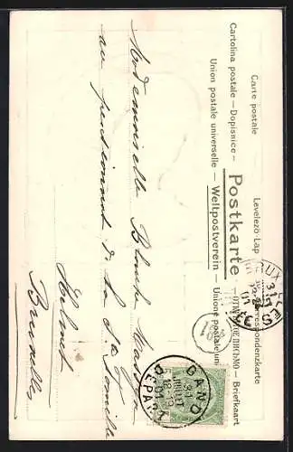 Präge-Lithographie Mädchen mit Haube und Halskette, Ornamente, Jugendstil