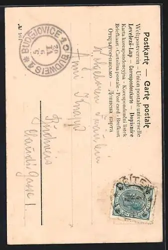 AK Junge Dame mit Blumenhut u. Gerte, Maikäfer, Ornament, Jugendstil