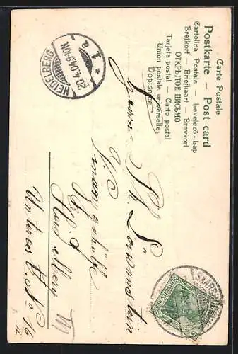 Präge-Lithographie Junges Mädchen am Fenster beobachtet Spaziergänger, Gold-Ornament, Jugendstil