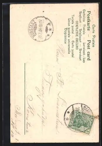 Präge-Lithographie Junge Dame geht an einem sitzenden Herrn vorbei, Gold-Ornament, Jugendstil