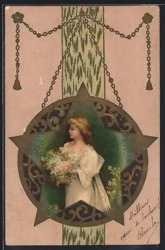 AK Dame mit Blumenstrauss und Stern, Jugendstil