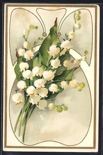 Lithographie Maiglöckchenstrauss, Ornamente, Jugendstil