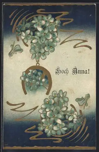 Präge-AK Hoch Anna!, Blaue Blüten, Hufeisen, Jugendstil