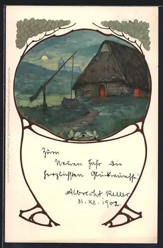 Künstler-AK Meissner & Buch (M&B) Serie 1176: Bauernhaus mit Brunnen bei Vollmond