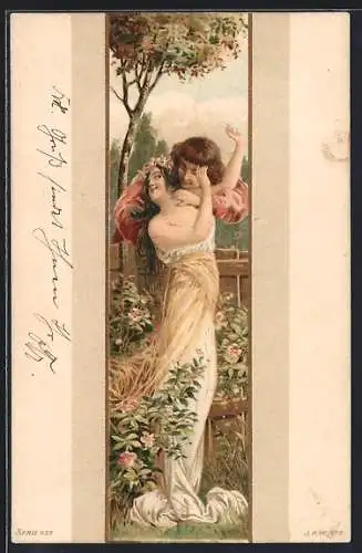 Künstler-AK Junges Paar bei einer Neckerei, Jugendstil
