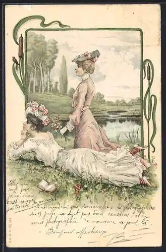 AK Hübsche junge Damen sammeln Blumen an einem See im Jugendstil