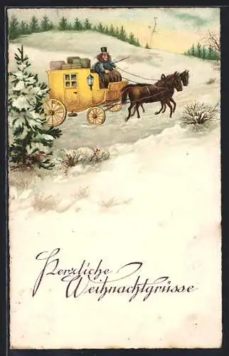 AK Postkutsche in winterlicher Landschaft, Weihnachtsgruss