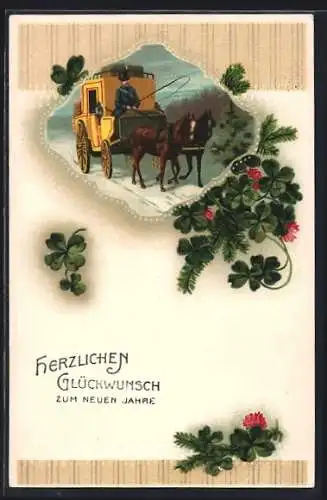 Präge-AK Postkutsche im Winter, Kleeblätter, Neujahrsgruss