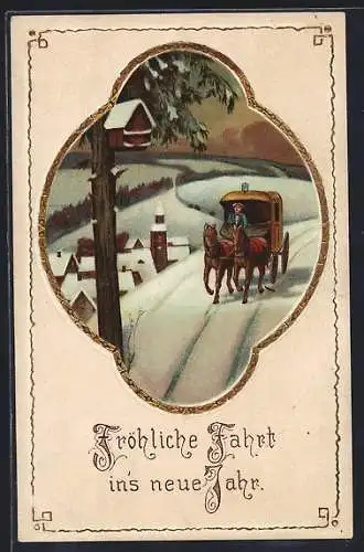 Präge-AK Postkutsche auf der Strasse im Winter, Neujahrsgruss