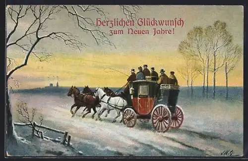 AK Postkutsche auf der Strasse im Winter, Neujahrsgruss