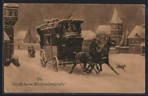 AK Postkutsche auf einer verschneiten Strasse, Weihnachtsgruss