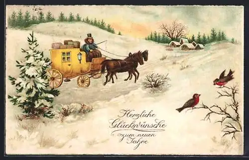 AK Postkutsche in winterlicher Landschaft, Neujahrsgruss