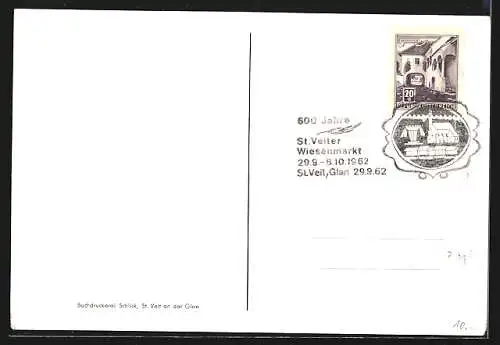 Künstler-AK St. Veit a. d. Glan, 10 Jahre Briefmarkenverein, Postillon bläst ins Horn, Postkutsche