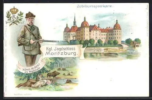 Lithographie Moritzburg, Klgl. Schloss Moritzburg, König Albert von Sachsen als Waidmann