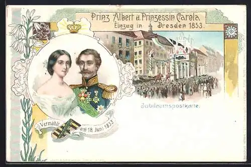 Lithographie Dresden, Prinz Albert u. Prinzessin Carola von Sachsen, Festlicher Einzug 1853