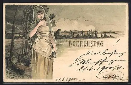 Künstler-AK sign. H. Fründt: Donnerstag, Hübsches Mädchen im Gewitterregen, Jugendstil