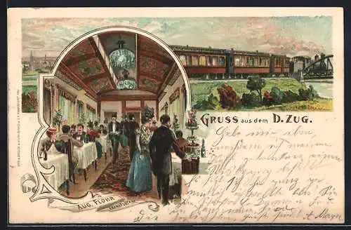 Lithographie D-Zug, Eisenbahn, Innen- und Aussenansicht