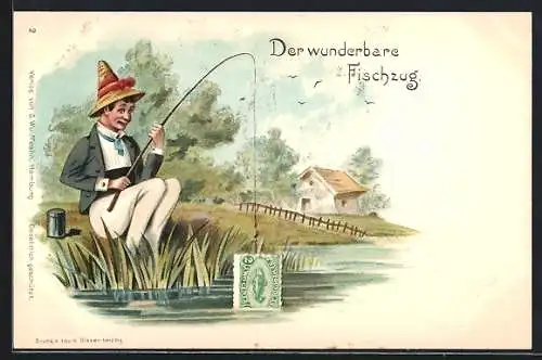 Lithographie Der wunderbare Fischzug, Angler fängt Briefmarke