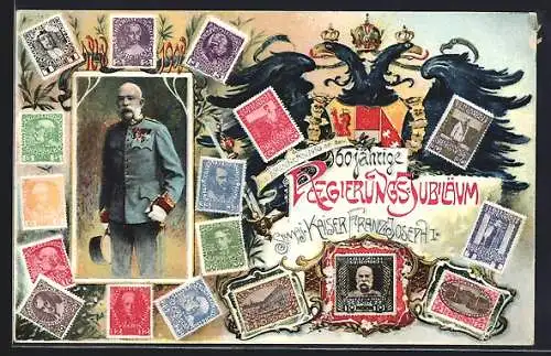 AK 60. Regierungsjubiläum Kaiser Franz Josef I. von Österreich, österreichische Briefmarken