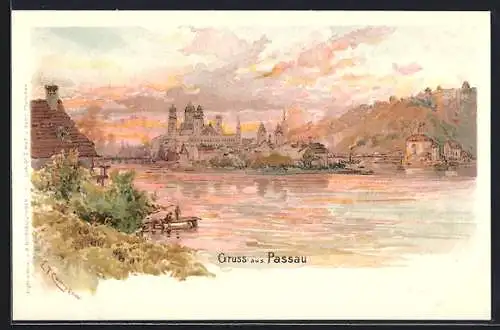 Künstler-AK Edward Theodore Compton: Passau, Stadtpanorama im Abendrot