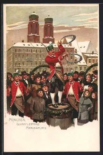 Künstler-Lithographie P. Hey: München, Schäfflertanz am Marienplatz