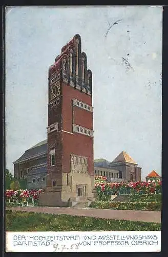 Künstler-AK Darmstadt, Hessische Landesausstellung 1908, Hochzeitsturm und Ausstellungshaus