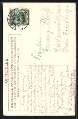 Künstler-AK Darmstadt, Hessische Landesausstellung 1908, Hochzeitsturm und Ausstellungshaus