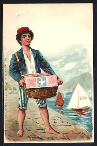 Künstler-AK Neapel / Napoli, Neapolitaner Junge verkauft Briefmarken