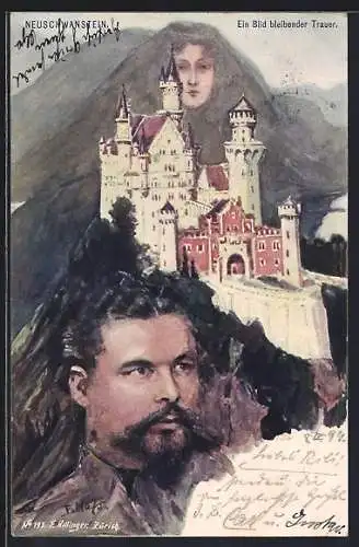 Künstler-AK Fritz Hass, Killinger Nr. 195: Neuschwanstein, Ludwig II. von Bayern, Berggesichter