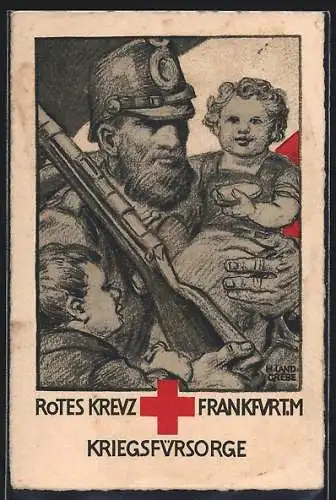 Künstler-AK Rotes Kreuz Frankfurt / Main, Landwehrmann mit Gewehr hütet Kinder
