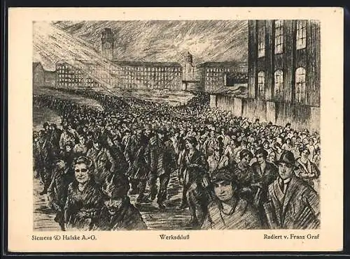 Künstler-AK Berlin-Siemensstadt, Arbeiter nach Werkschluss