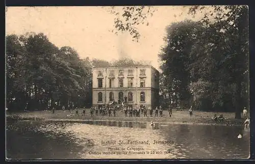 AK Jemappes, Institut St. Ferdinand, Maison de Campagne, Château incenidé par les Allemands 1914