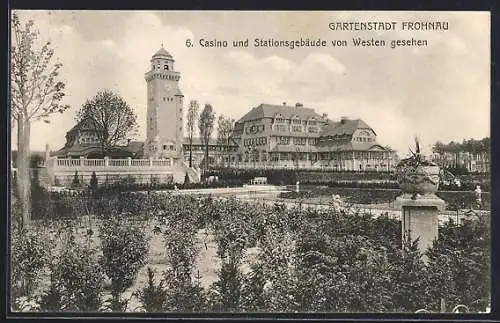 AK Berlin-Frohnau, Blick auf das Casino und Stationsgebäude der Gartenstadt