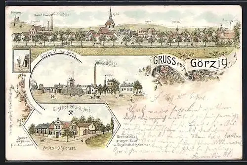 Lithographie Görzig / Anh., Gasthof Glück-Auf, Grube Minna Anna und Ortsansicht