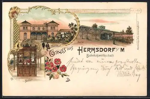 Lithographie Berlin-Hermsdorf, Bahnhof, Halle, Buffet