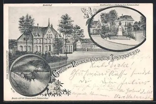 AK Berlin-Niederschöneweide-Johannisthal, Blick auf den Bahnhof und Kaiserdenkmal