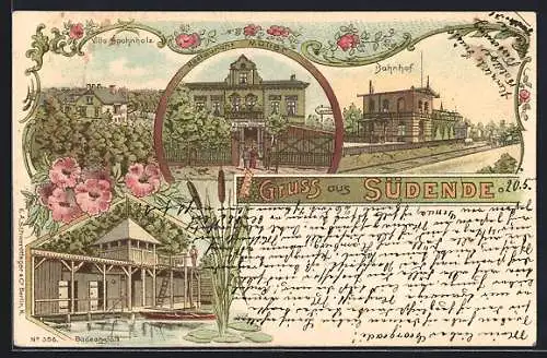 Lithographie Berlin-Südende, Restaurant Müller, Bahnhof, Badeanstalt und Villa Spohnholz