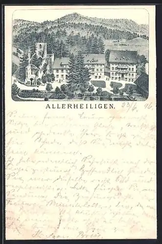 Lithographie Allerheiligen, Ortsansicht mit der Ruine