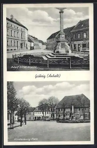 AK Gröbzig /Anhalt, Strasse mit Denkmal, Hindenburg-Platz