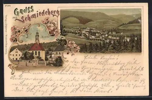 Lithographie Schmiedeberg / Dippoldiswalde, Kirche, Totalansicht