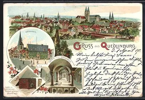 Lithographie Quedlinburg, Gesamtansicht, Rathaus & Krypta in der Schlosskirche