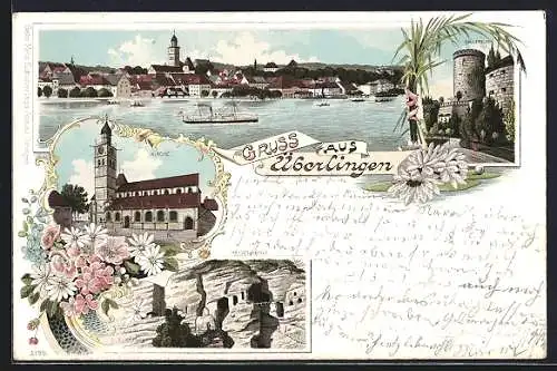 Lithographie Überlingen / Bodensee, Heidenhöhle, Gallerturm, Kirche